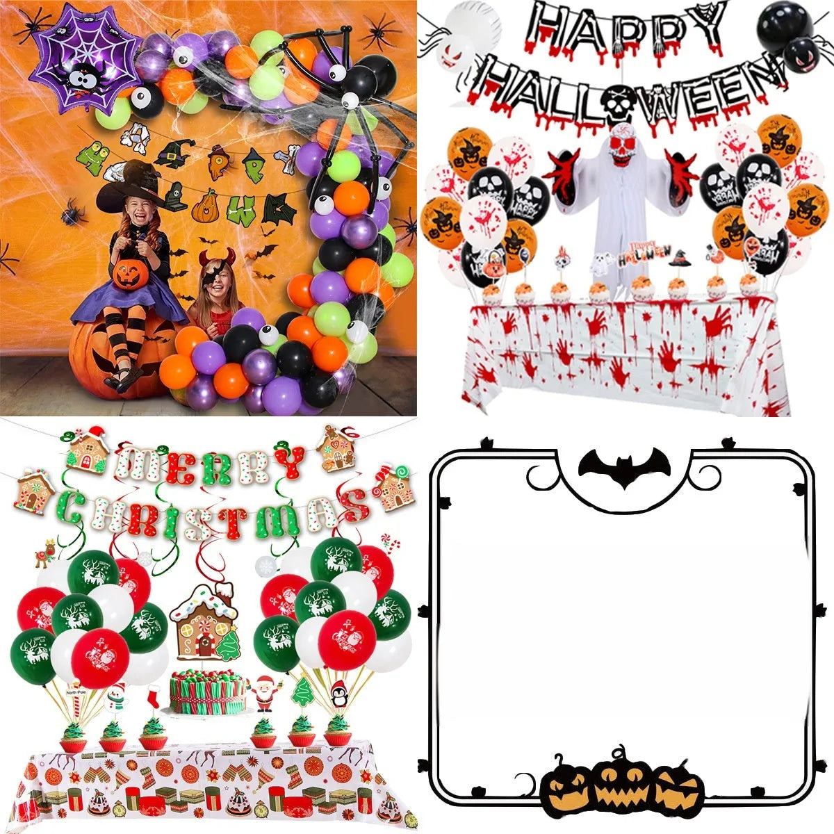 Halloween balloon combo set showing spider arch with skull and pumpkin designs in black and white