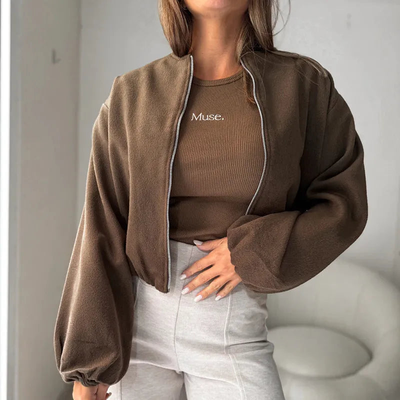 Women's off-shoulder lantern sleeve short coat in milky white or brown casual style