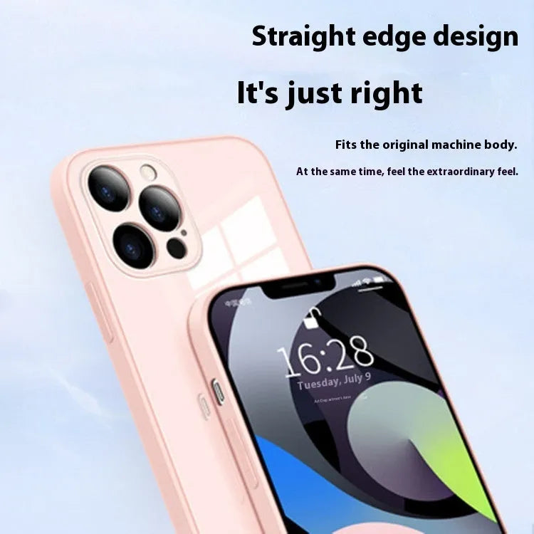 Liquid silicone tempered glass phone case for iPhone 12-14 Pro Max in black, blue gray, cherry purple, granny grey, white