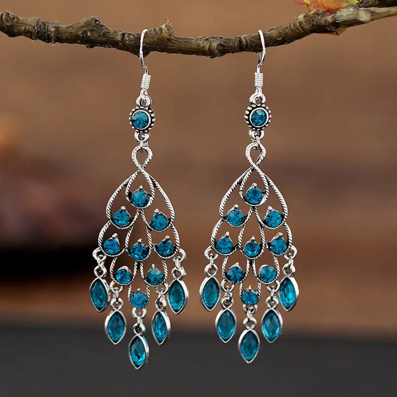 Retro purple fringe earrings with drop shape and crystal elements
