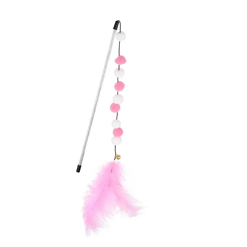 Colourful cat teaser toy stick with acrylic pompon, feathers, and a bell on a 31cm rod