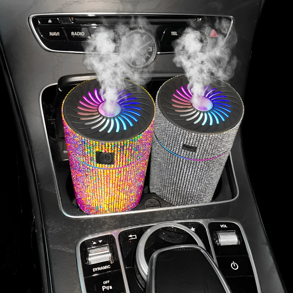 Car mounted air purifier and humidifier unit with diamond finish and LED lighting in seven colour options