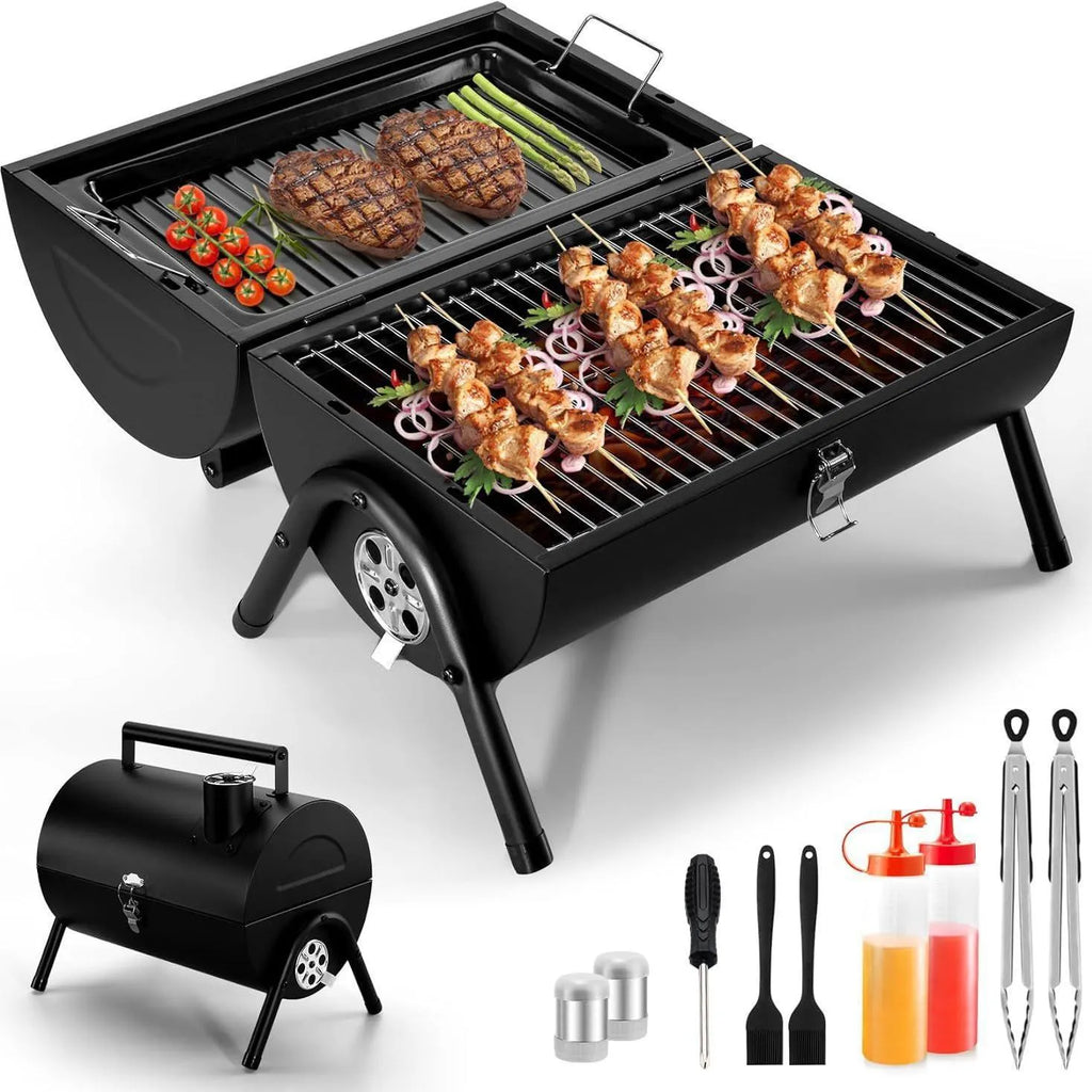 Small folding desktop charcoal barbecue grill with removable cooking grate