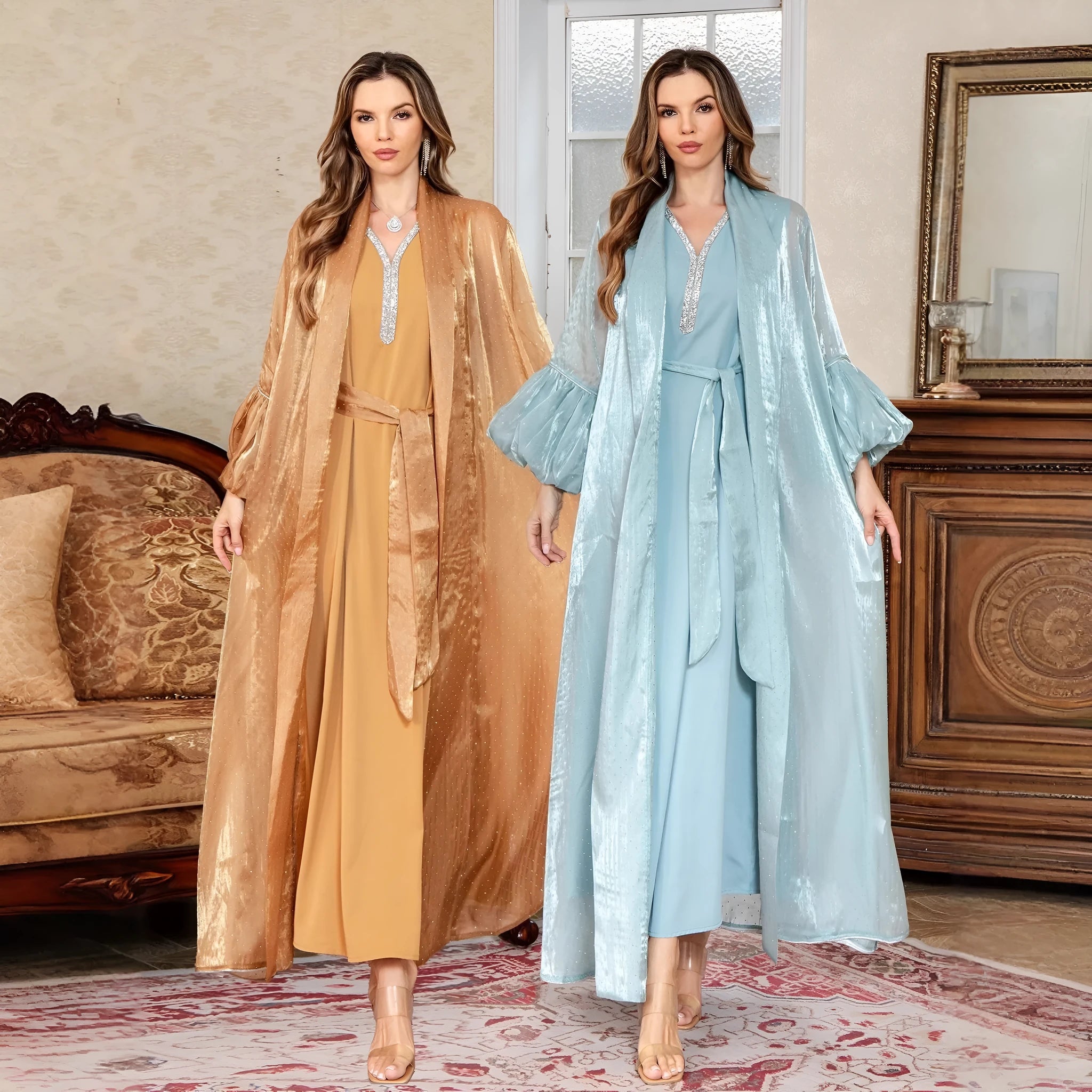 Arabic two-piece evening dress with rhinestone straps, long sleeves, and floor-length skirt in blue or brown