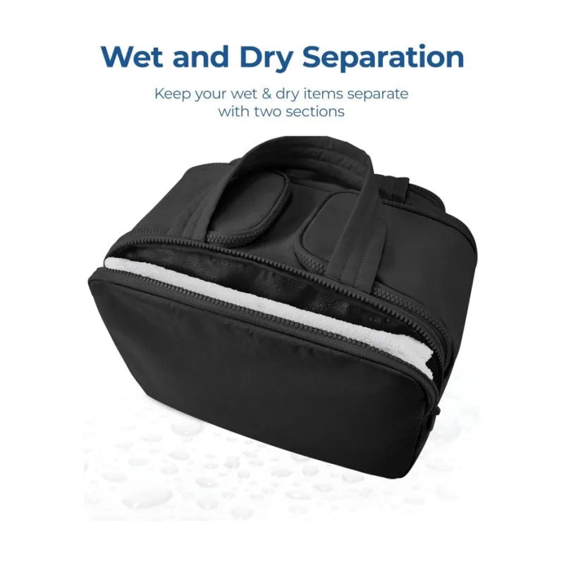 Large fluffy travel toiletry bag open wide showing soft interior, available in beige, black, light blue, pink, purple, and creamy-white.