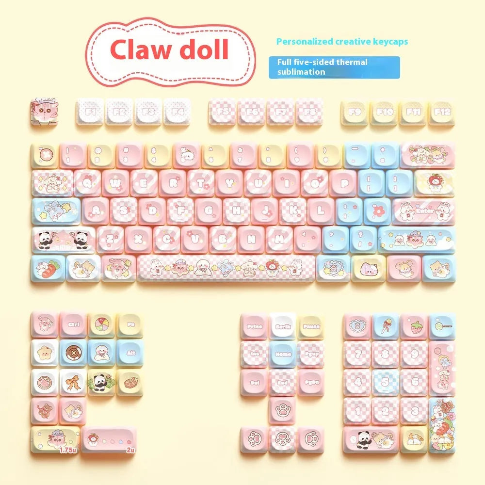 Clip doll themed mechanical keyboard keycaps with colourful doll artwork on key surfaces