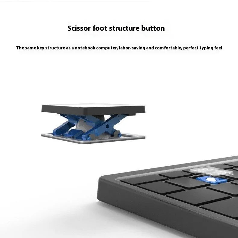 Black and grey hardcover wireless Bluetooth keyboard with integrated touch pad and stand for iPad and mobile phones.
