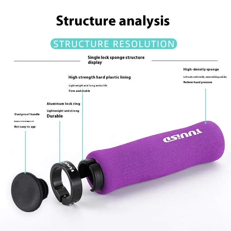 Sponge mountain bike handle covers in black, purple and biange colours showing ultra-light 41g construction