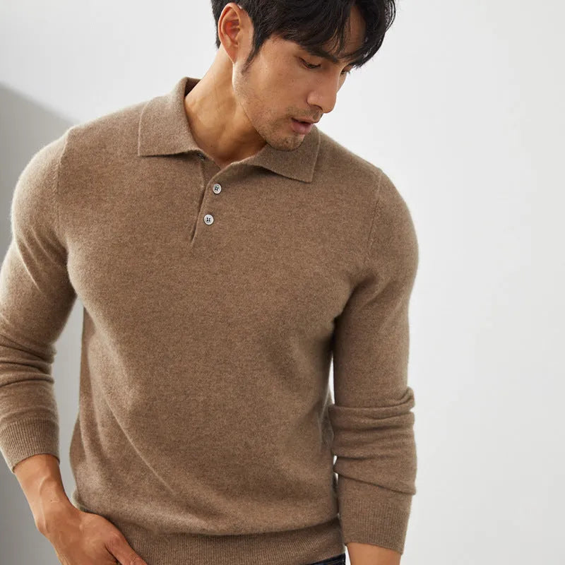 Men's pure cashmere polo collar pullover sweater in loose fit available in multiple colours