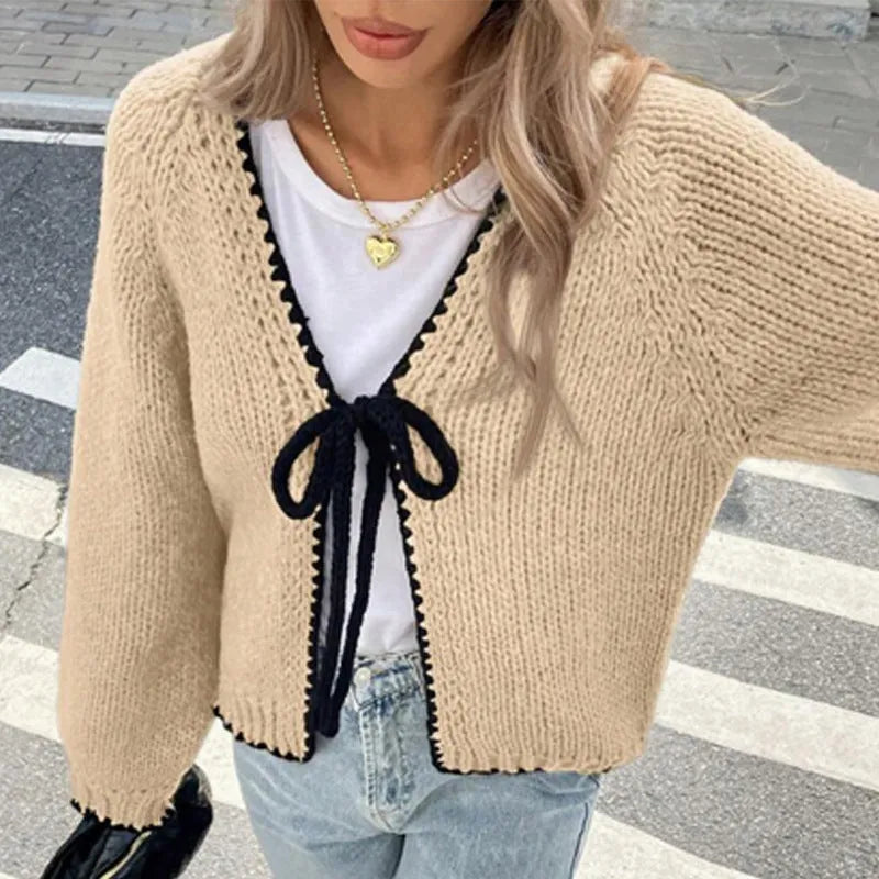 Gray lace-up sweater cardigan with crocheted flower decorations and loose long sleeves