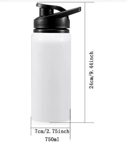 White aluminium sports water bottle with screw cap in 600ml and 750ml sizes for cycling and workouts