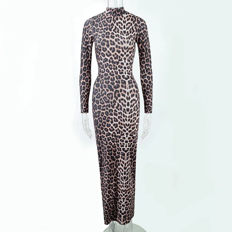 Women's leopard print long sleeve dress with stand collar and high waist hip skirt