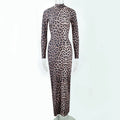 Women's leopard print long sleeve dress with stand collar and high waist hip skirt