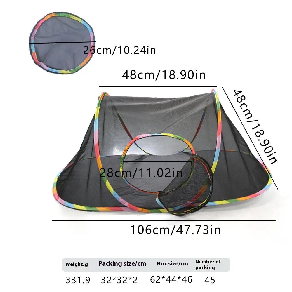 Foldable mesh cat roll cage pet toy in one of five geometric shapes: hexagonal, long straight, square, tee, or tent.