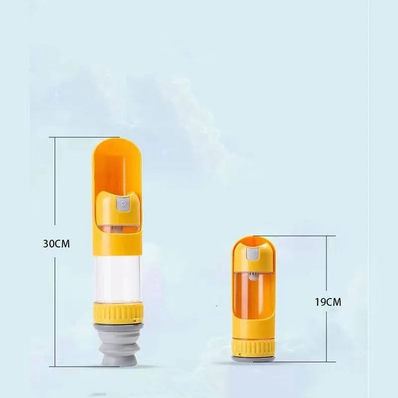 Dog outgoing pet water cup in blue, white or yellow with grain packaging compartment and PC material