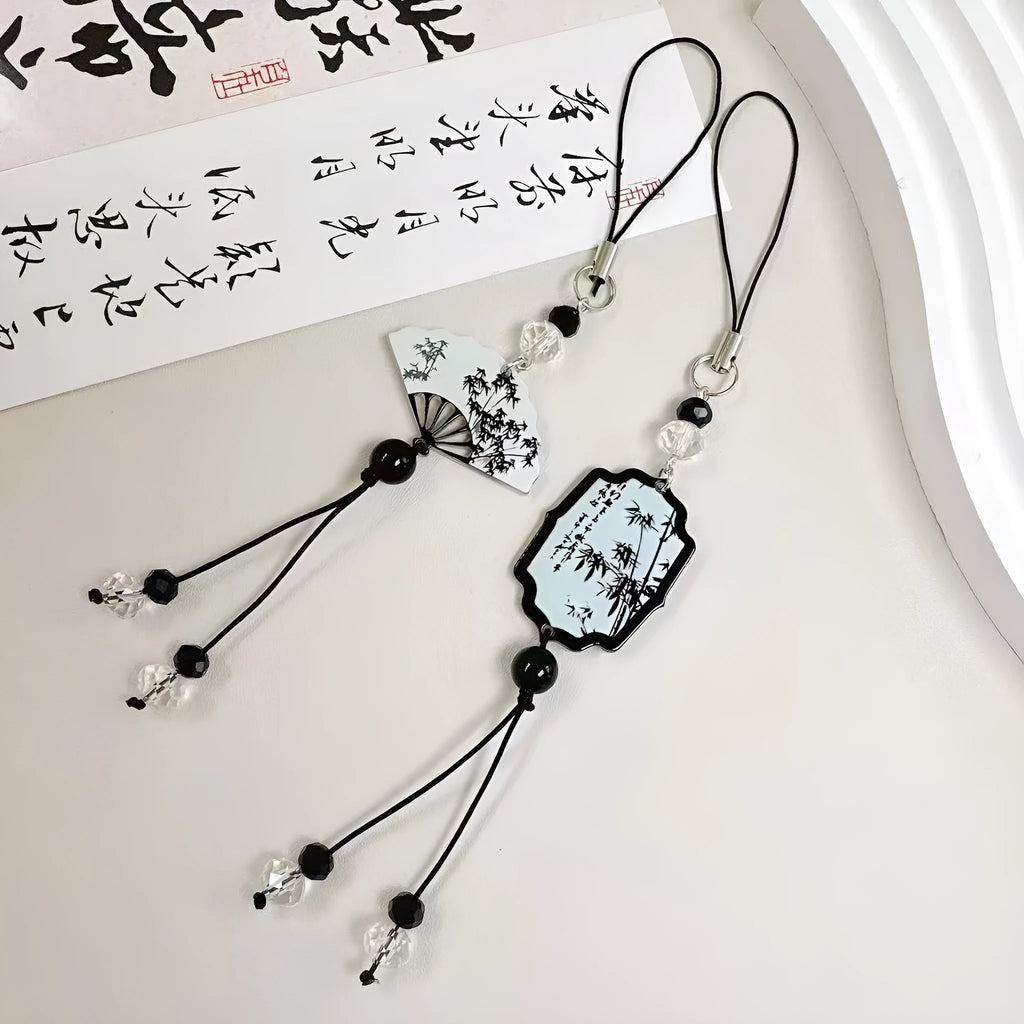 Guofeng style beaded keychain with floral pattern in Fan colour design.