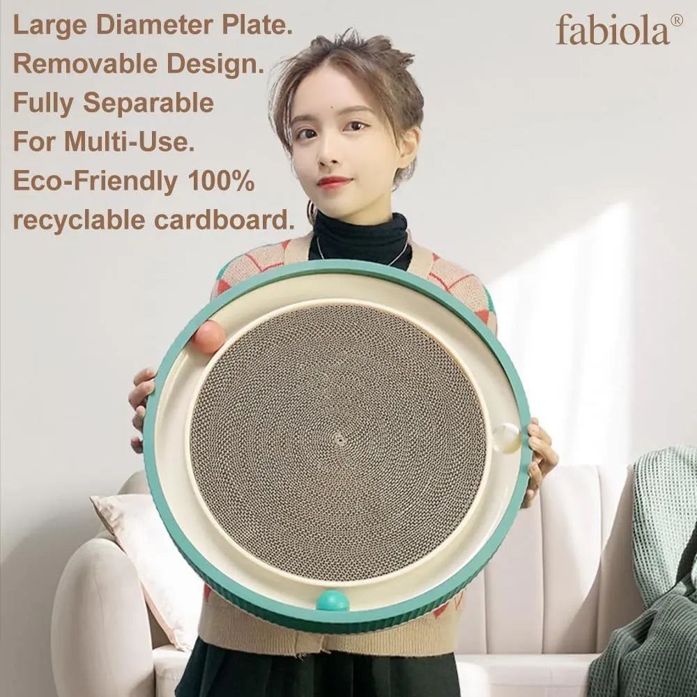 Large circular cardboard cat scratching board with integrated ball toys and replaceable core