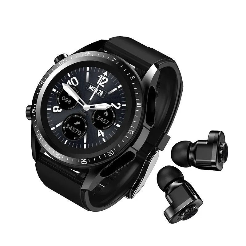 Black smart watch with health monitoring on a silicone strap next to charging cable and earphones