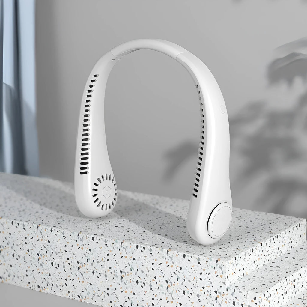 White bladeless neck fan with USB charging cable and adjustable wind speed buttons