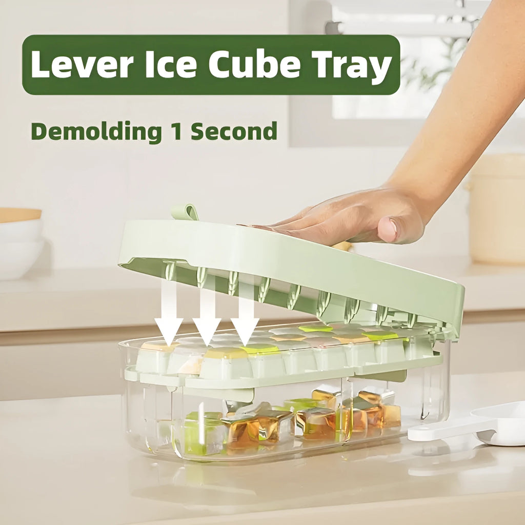 Ice cube tray with grid design and attached ice shovel stored in dedicated compartment