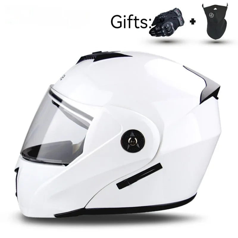 Electric motorcycle helmet with double lens exposed design, ABS plastic shell, available in S M L XL and six colours.