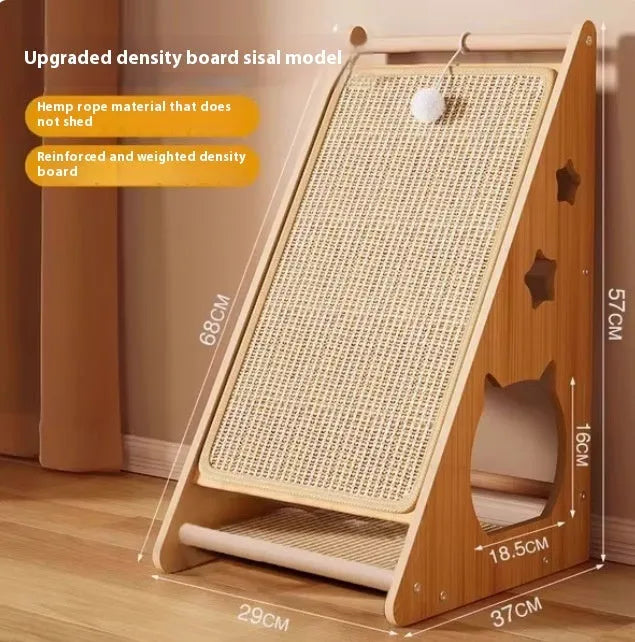 Vertical cat scratch board with hemp rope and teasing ball design, wall-mounted scratching post set