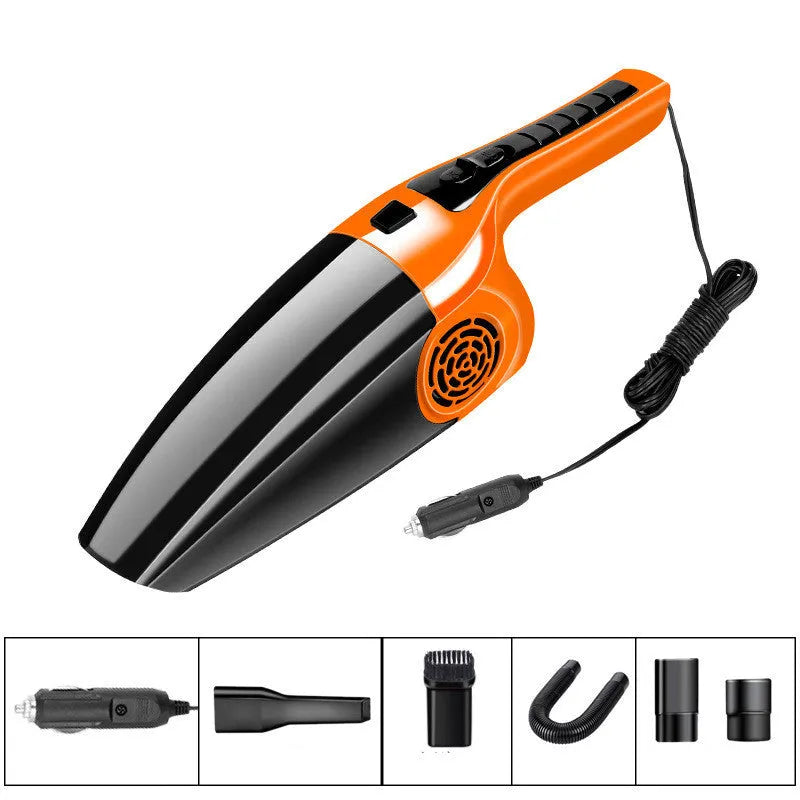 Black and orange car vacuum cleaner with cigarette lighter plug showing 120W power rating