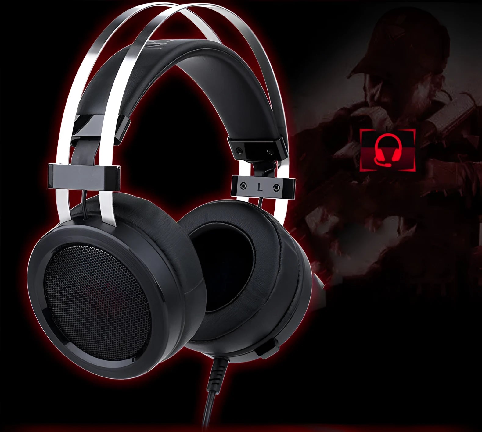 Black wired computer gaming headset showing the 3.5mm plug and long 2 metre cable.