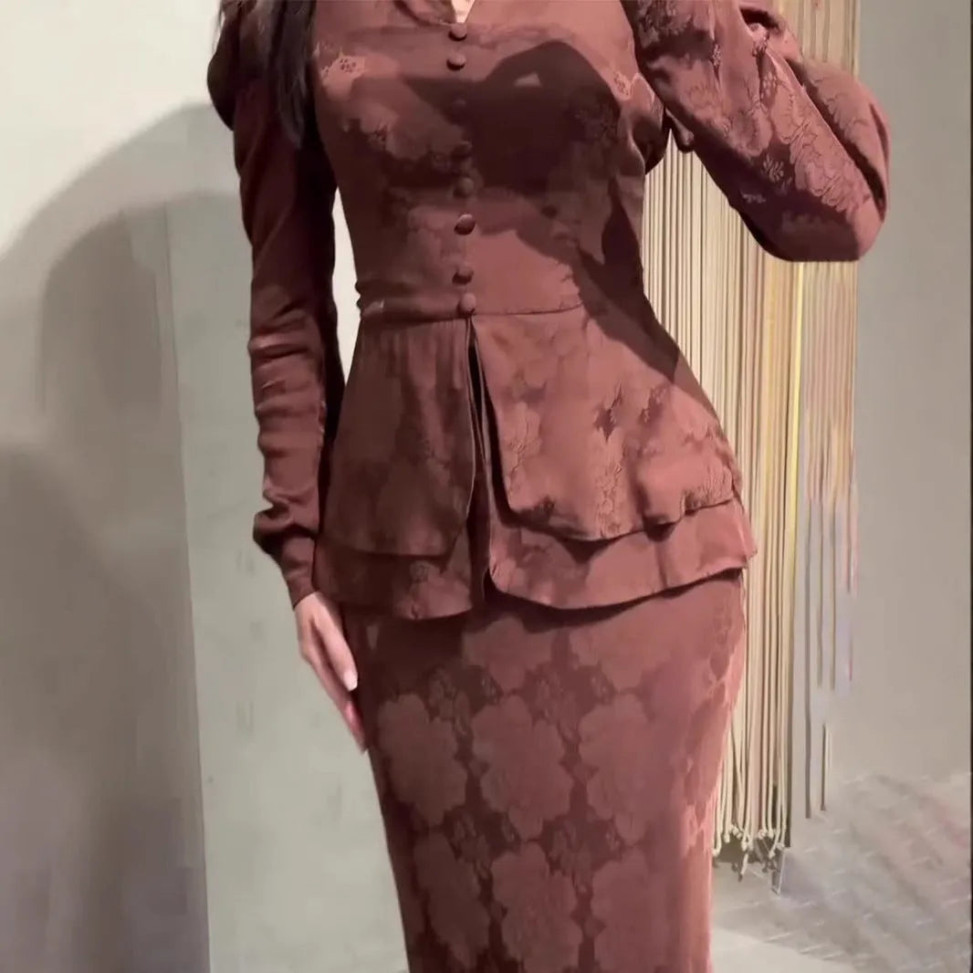 Dark brown retro-style long dress with floral pattern, long sleeves, and a faux two-piece slim fit design