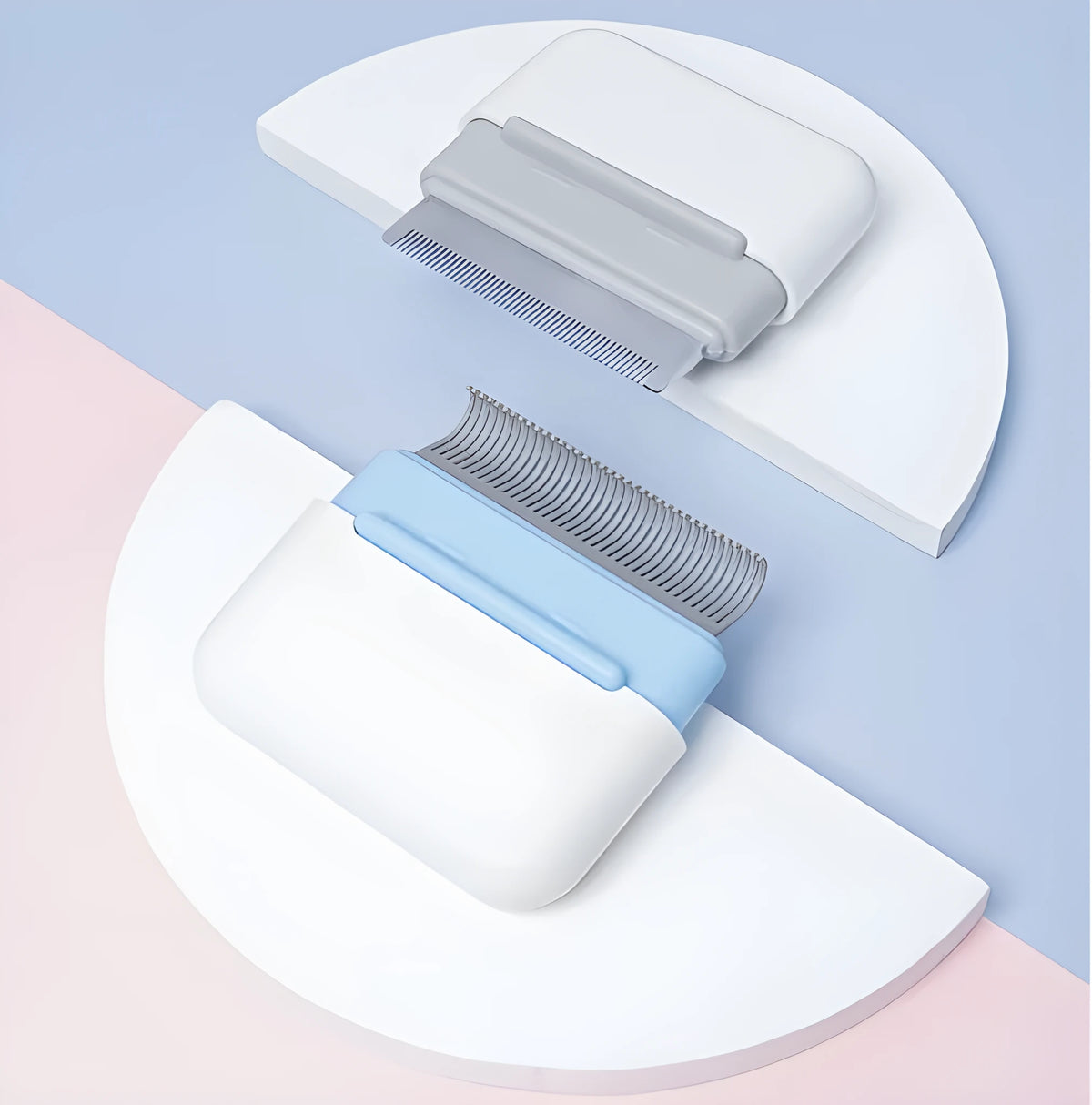 Plastic pet grooming comb for cats and dogs in blue, pink, grey, brown, and green, with double head pocket, pebble, and hook comb styles
