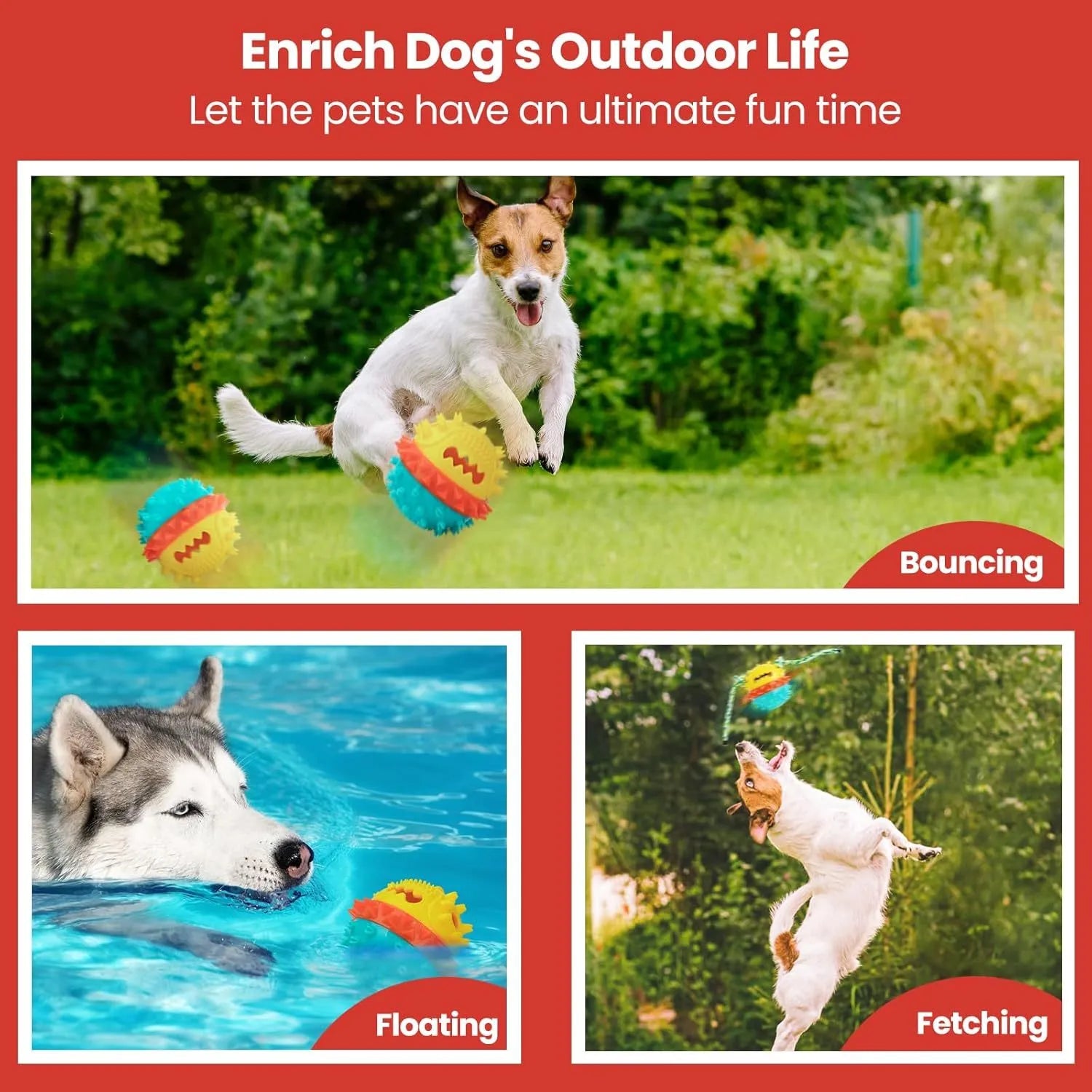 Blue and red squeaky dog toy with treat dispenser and textured surface for aggressive chewers