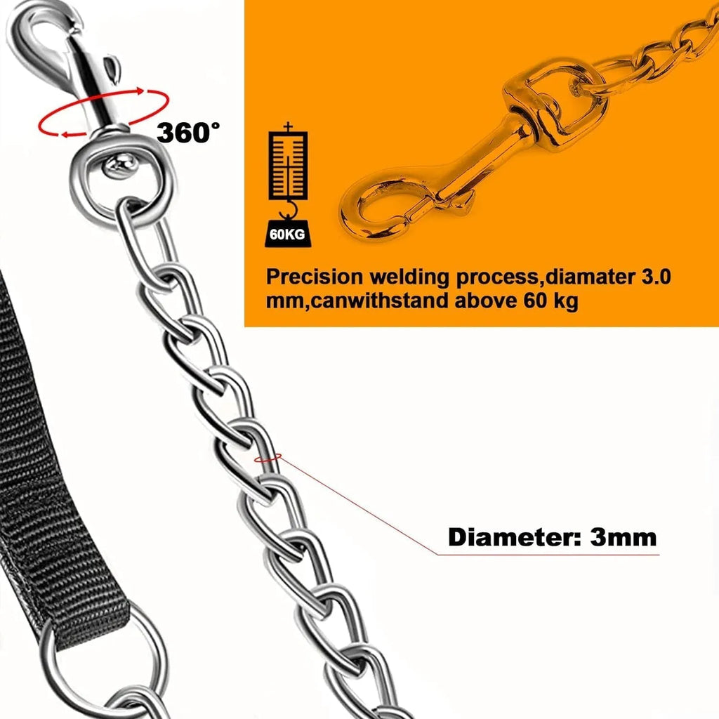 Heavy duty metal dog chain leash with soft black padded handle, shown with a red colour option.