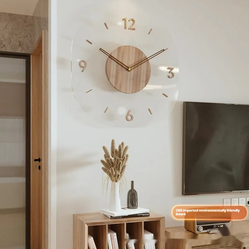 Modern transparent wooden frame wall clock showing 35cm square dimensions