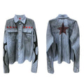 Men's washed blue striped shirt with lapel collar and long sleeves on hanger