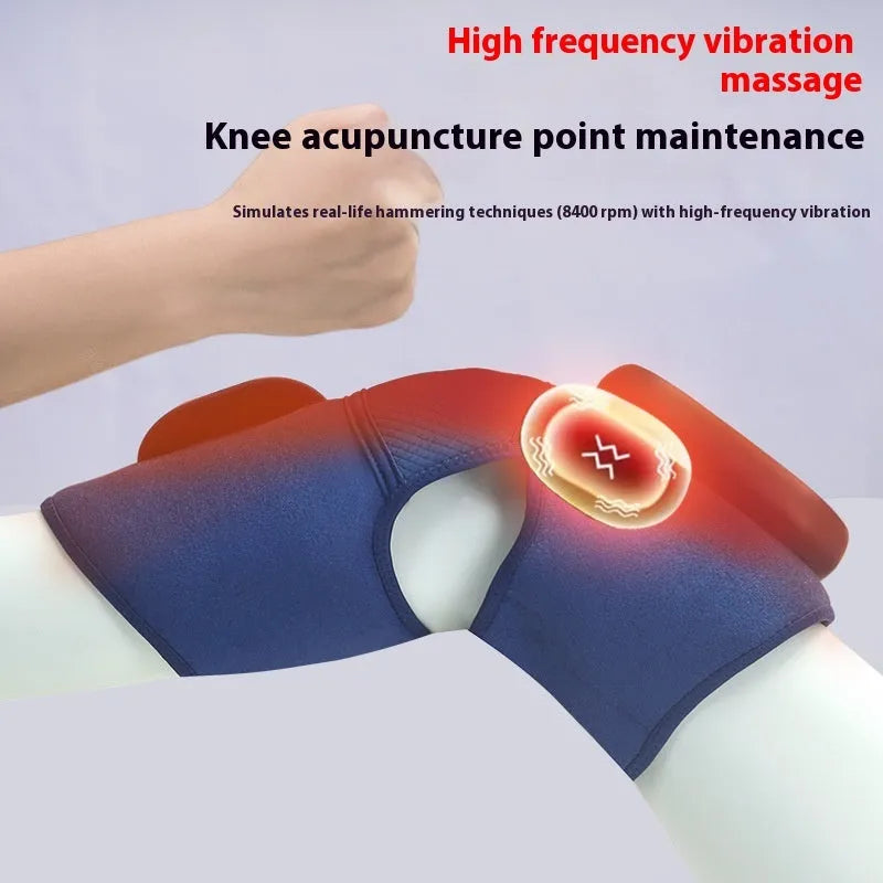 Blue self-heating knee massager showing airbag compression design around knee joint