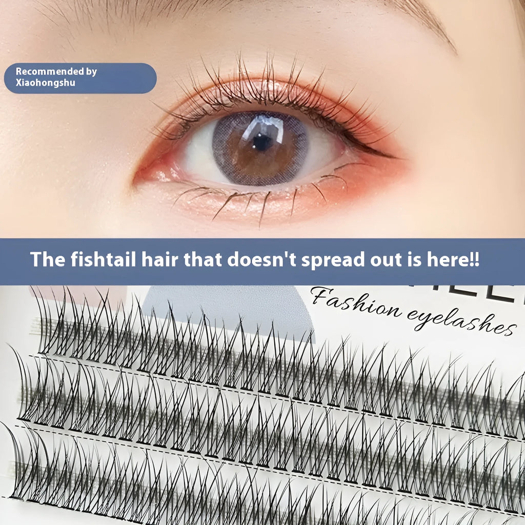 Black V-shaped fairy fishtail false eyelashes with thick segments in varying lengths on a clear tray.