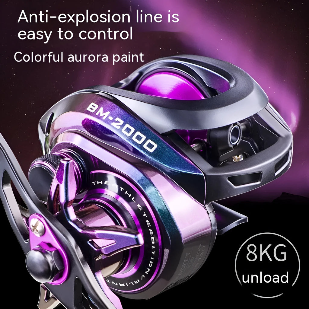 Colourful BM2000 baitcasting fishing reel with magnetic brake and water drop spool.