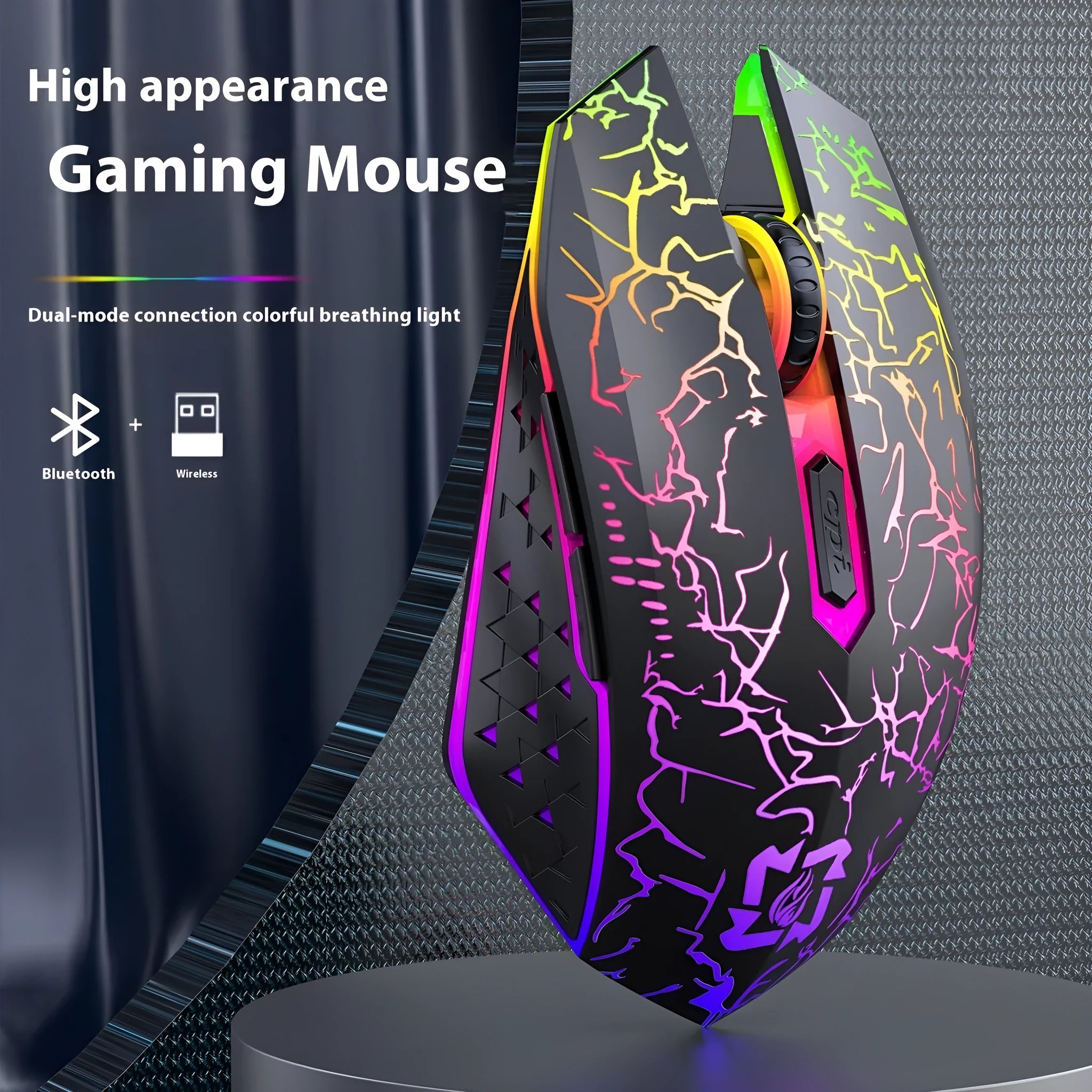 Black and white wireless gaming mouse showing Bluetooth and 2.4G dual-mode connectivity with luminous breathing light effect