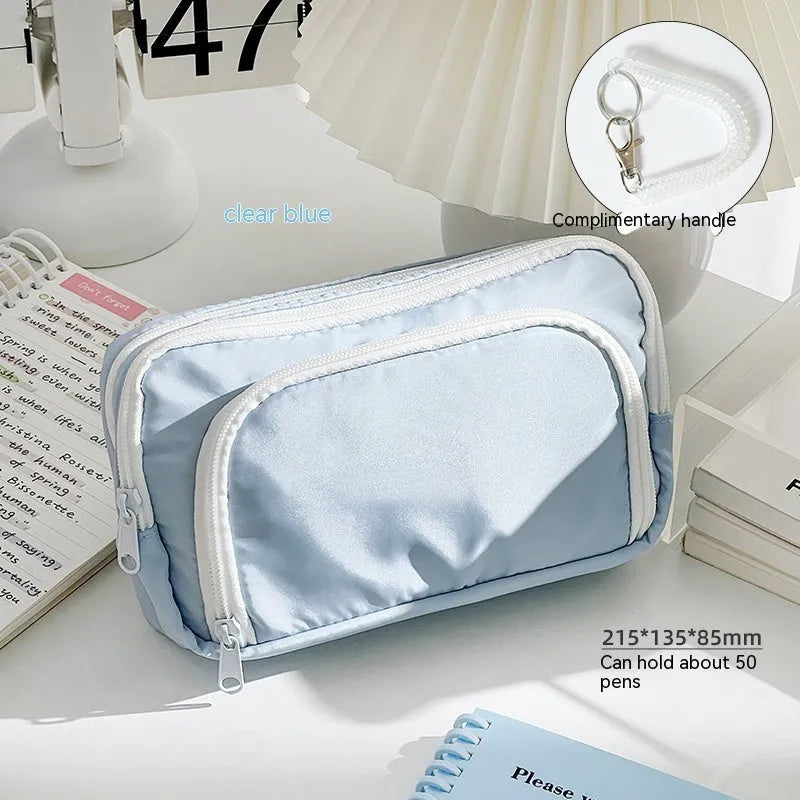Double layer pencil case in solid colour with gift handle, dimensions 215mm x 135mm x 85mm