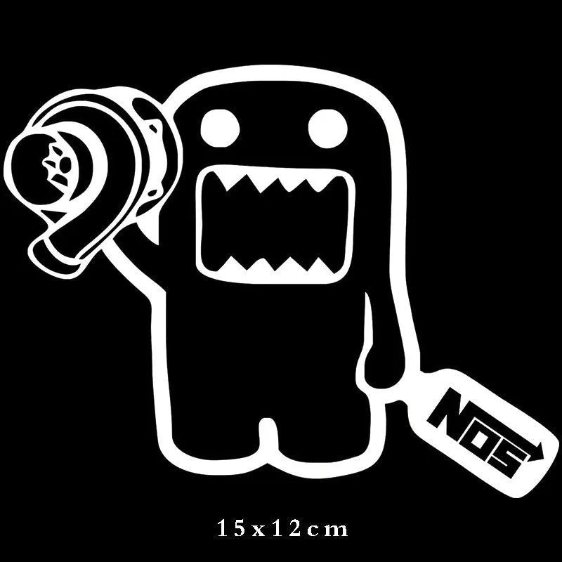 Cartoon design car sticker on vehicle surface measuring 15 by 12 centimetres