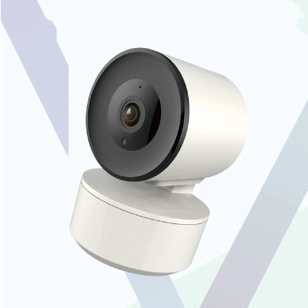 Indoor smart WiFi security camera with pan-tilt base on a desktop.