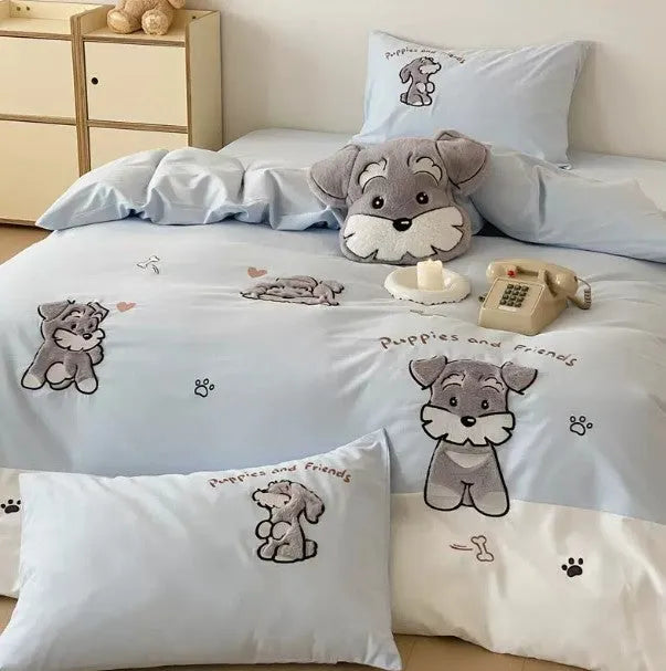 Cartoon Schnauzer embroidered pattern on a thickened cotton bedding set including quilt cover and pillowcases.