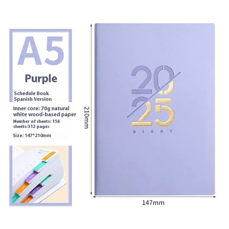 A5 2025 daily planner schedule book with faux leather cover shown in blue colour option