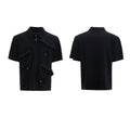 Men's black polo shirt with deconstructed collar and white Giant Land Turtle geometric graphic.