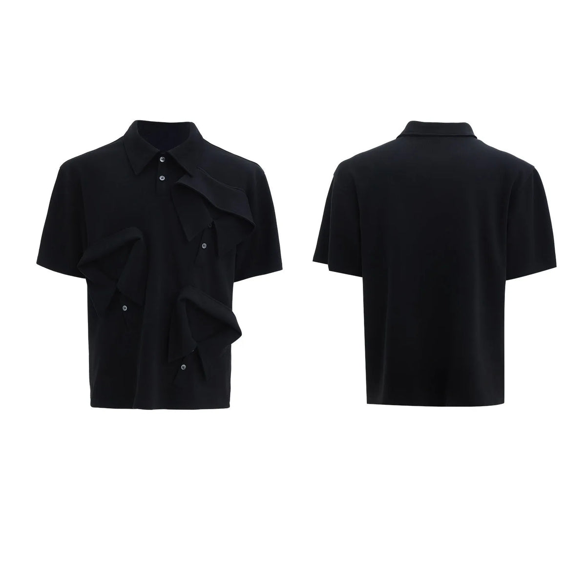 Men's black polo shirt with deconstructed collar and white Giant Land Turtle geometric graphic.
