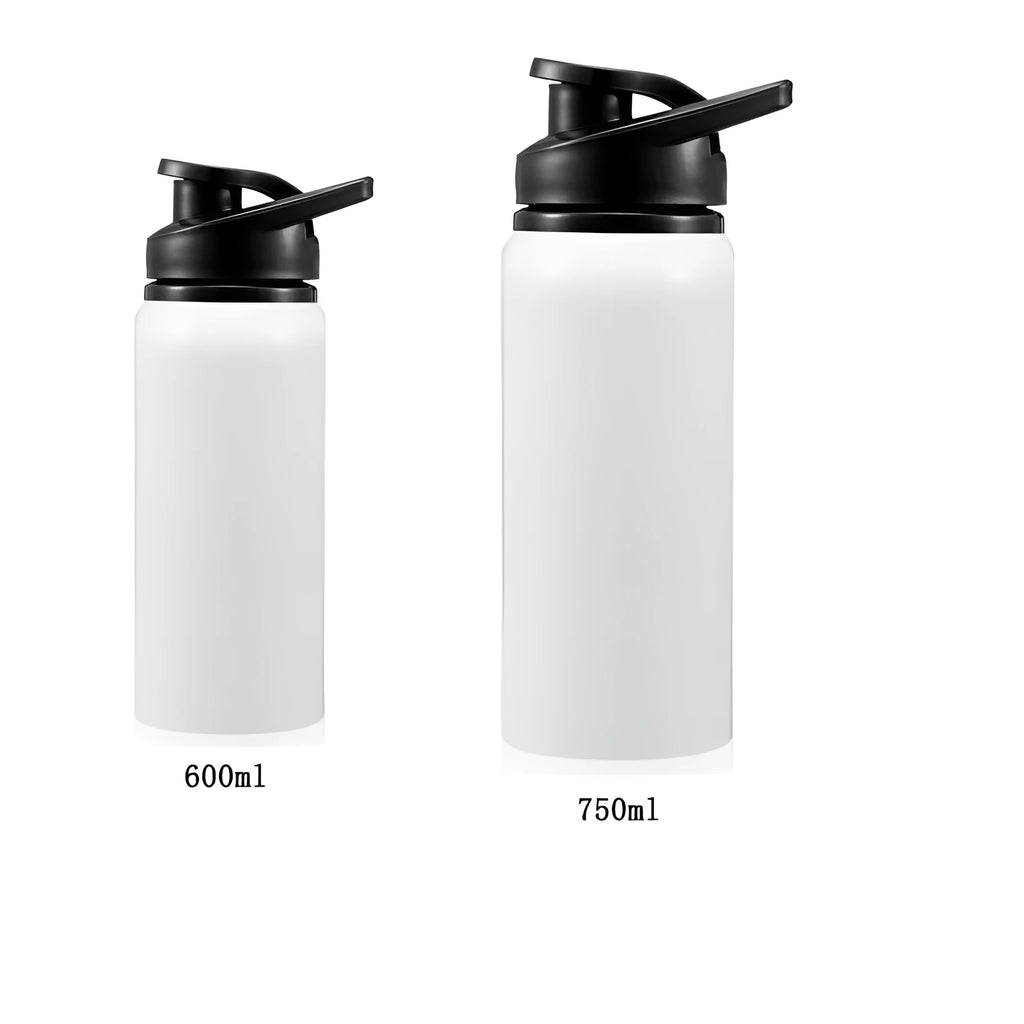 White aluminium sports water bottle with screw cap in 600ml and 750ml sizes for cycling and workouts