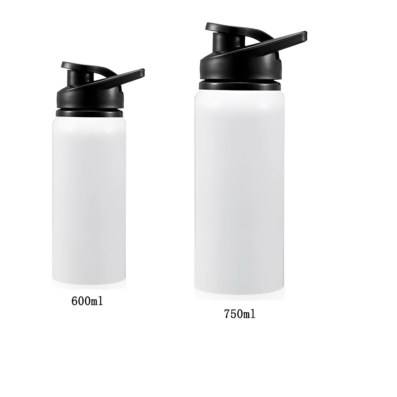 White aluminium sports water bottle with screw cap in 600ml and 750ml sizes for cycling and workouts