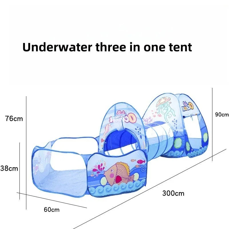 Colourful three-in-one children's play tent with cartoon design, featuring a fabric tent, ball pool, and plastic tunnel.