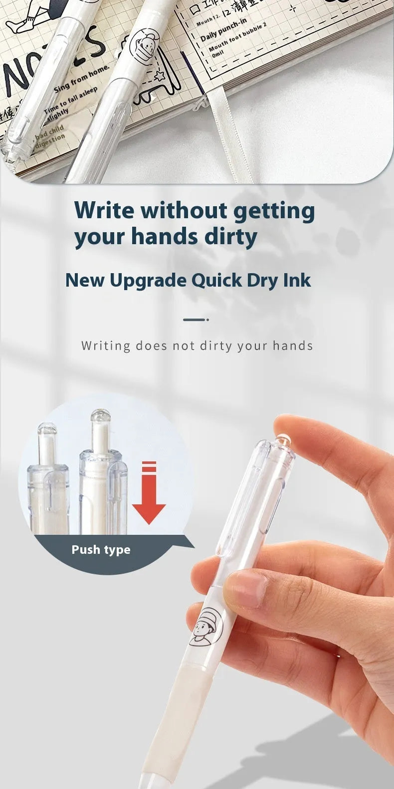 Five black ballpoint pens with white brush pattern and 0.5mm tips