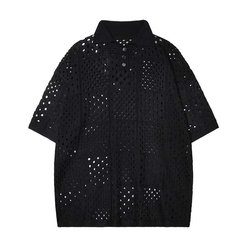 Black and white loose-fit cardigan-style short-sleeved polo shirt for teenagers on a hanger.